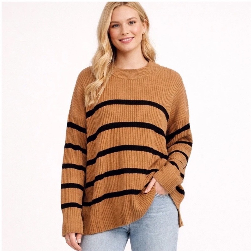 Abercrombie Brown Copper Soft Collection Ribbed Long Sweater Striped‎ Crew XS